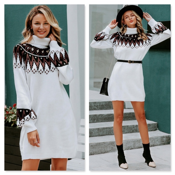 Turtleneck Boho Tunic Sweater Dress Aztac Tribal - Picture 5 of 9